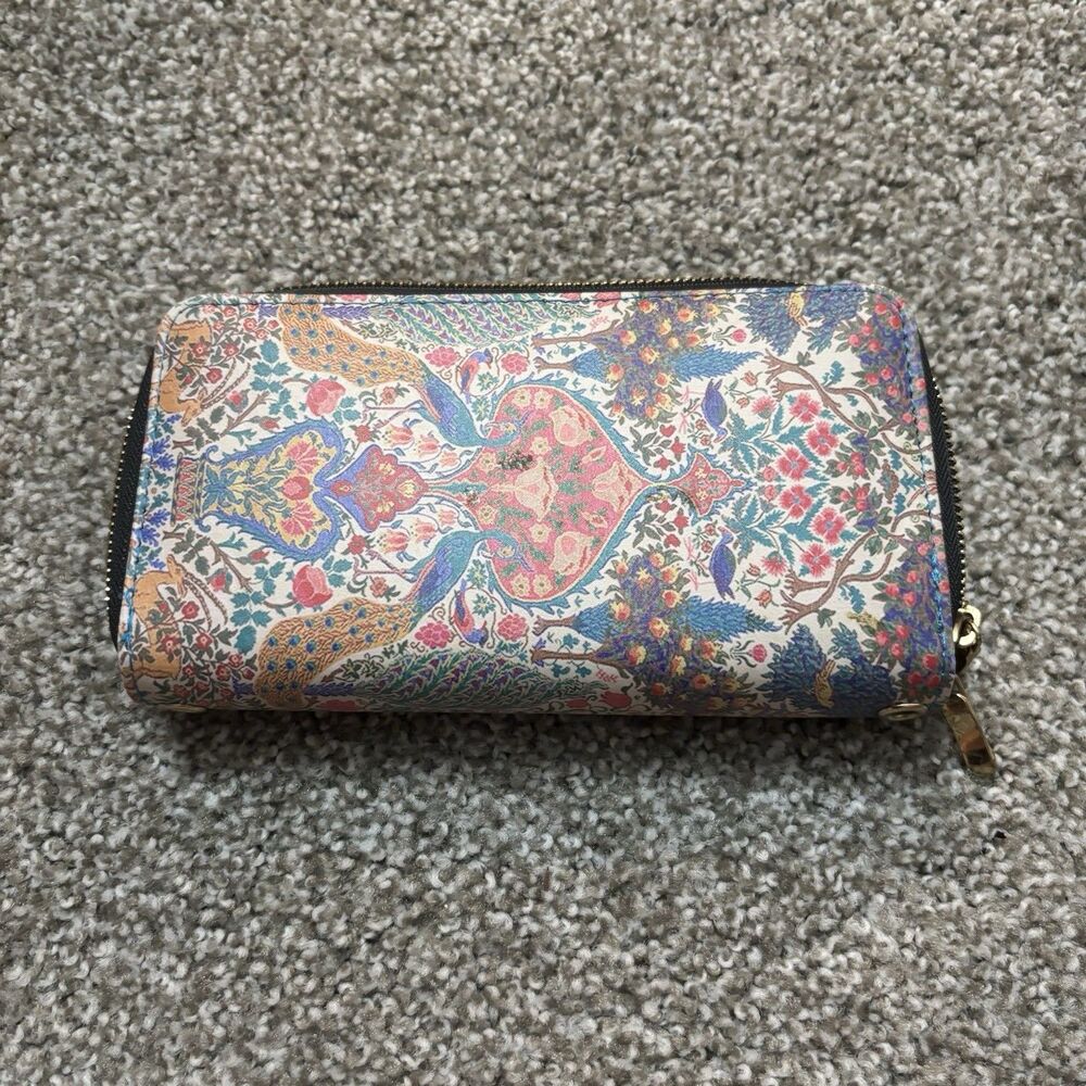 Floral Tapestry Print Zip Around Wallet Double Zipper Organizer